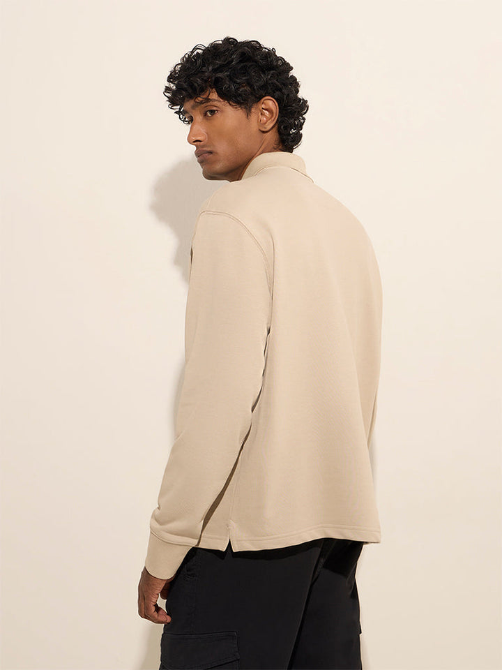 WES Casuals Beige Quarter Zip Cotton-Blend Sweatshirt