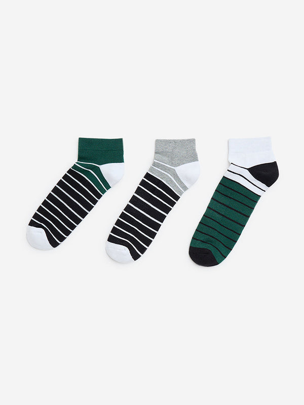 WES Lounge Green Stripe Printed Cotton-Blend Socks - Pack of 3