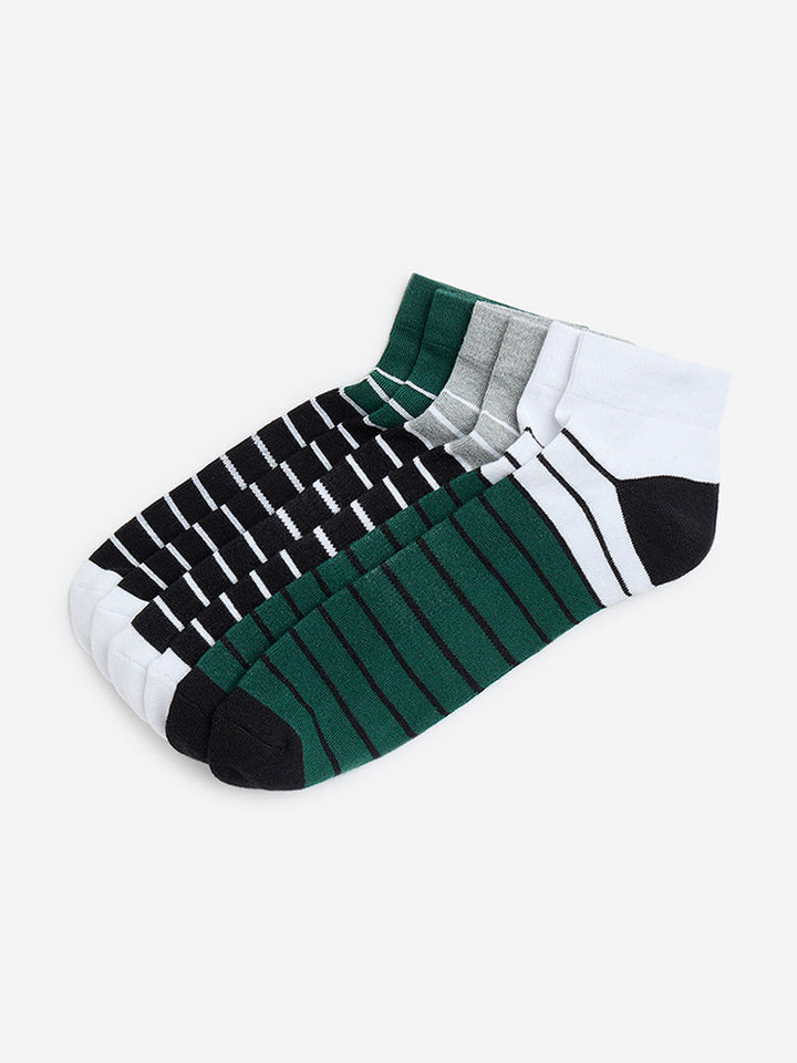 WES Lounge Green Stripe Printed Cotton-Blend Socks - Pack of 3