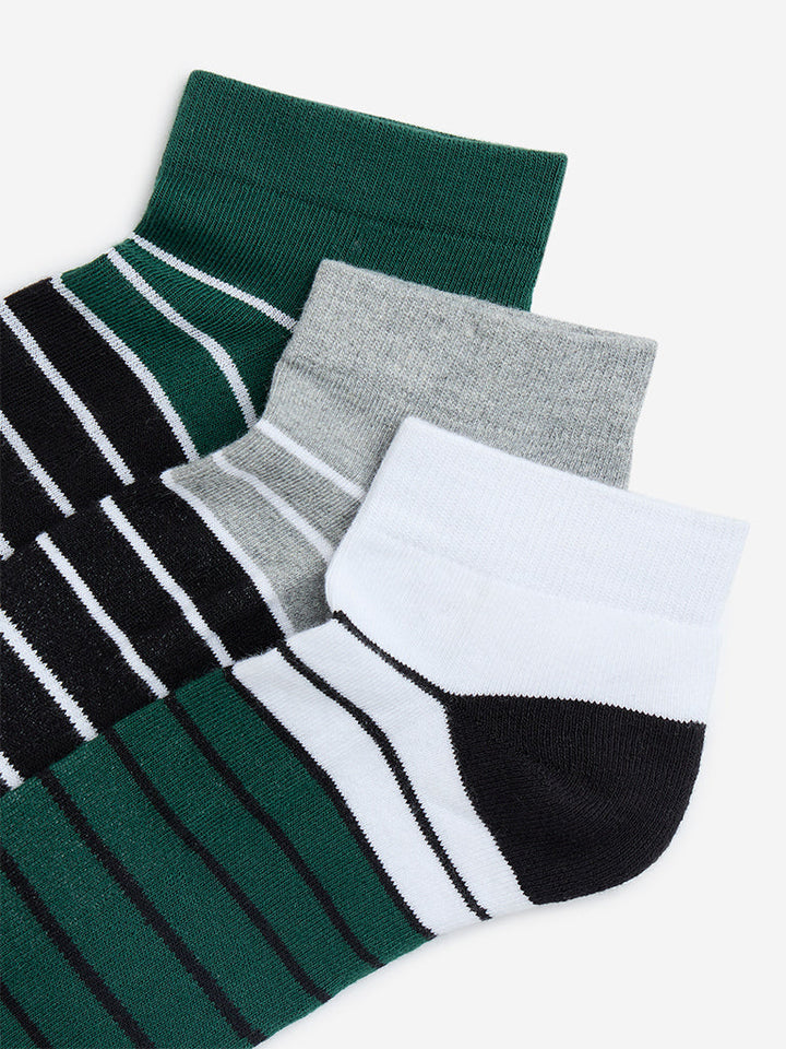 WES Lounge Green Stripe Printed Cotton-Blend Socks - Pack of 3