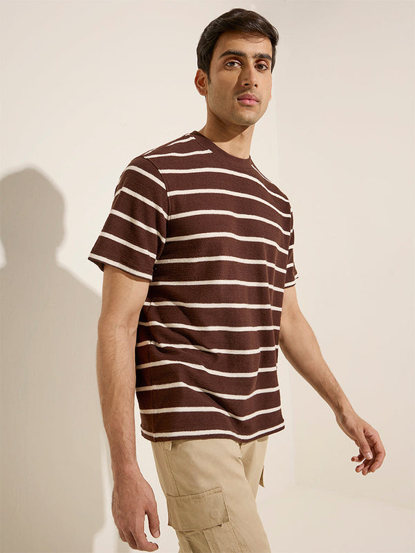 WES Casuals Brown Stripe Printed Relaxed-Fit Cotton T-Shirt