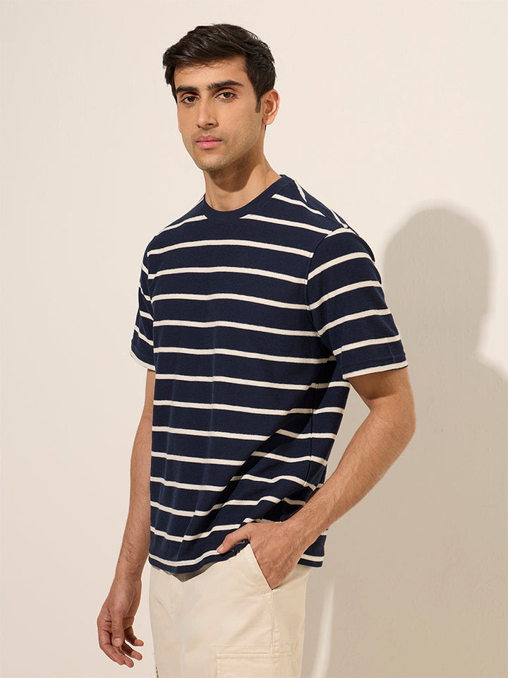WES Casuals Navy Striped Design Relaxed-Fit Cotton T-Shirt