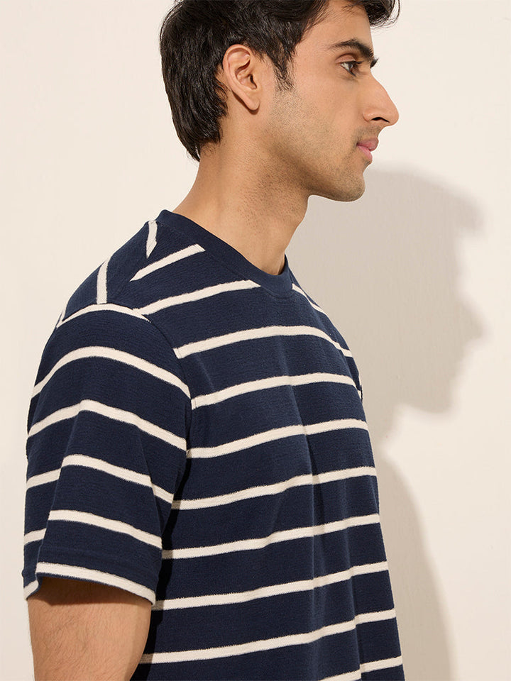 WES Casuals Navy Striped Design Relaxed-Fit Cotton T-Shirt