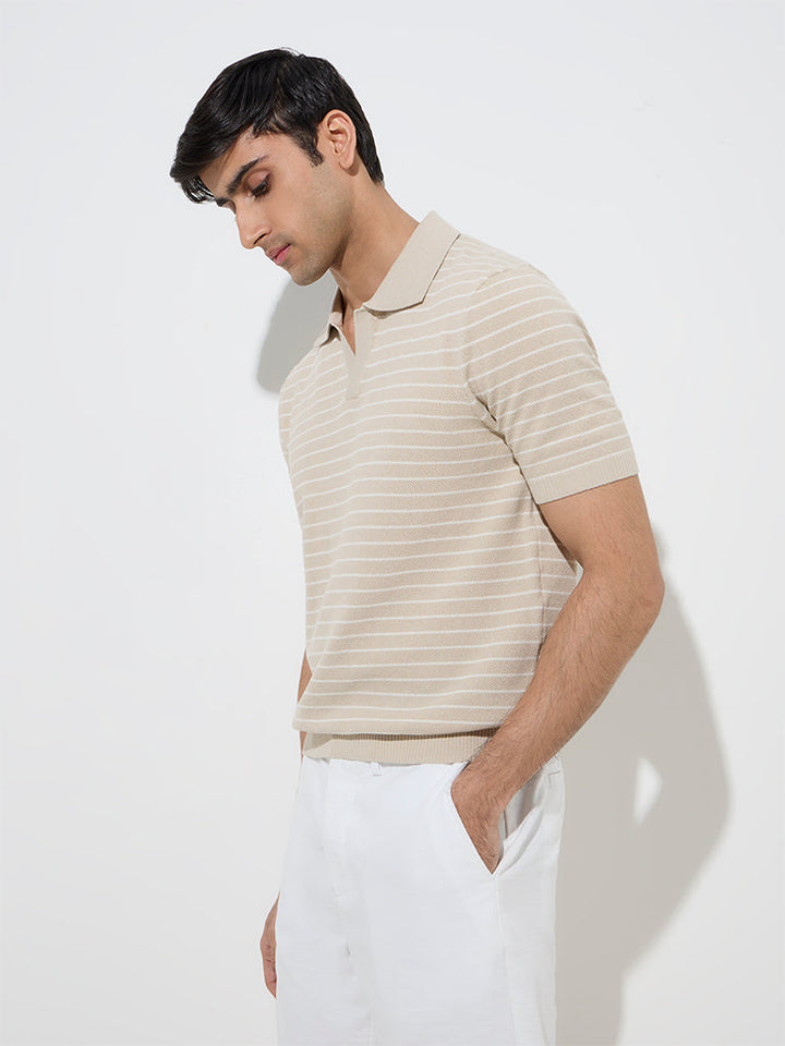 Ascot Beige Striped Relaxed-Fit Cotton-Blend Polo T-Shirt