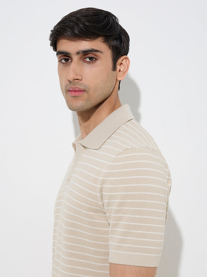 Ascot Beige Striped Relaxed-Fit Cotton-Blend Polo T-Shirt