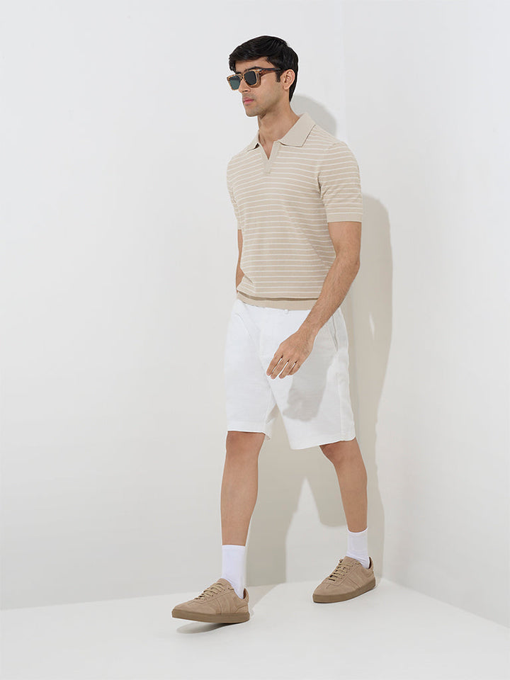 Ascot Beige Striped Relaxed-Fit Cotton-Blend Polo T-Shirt