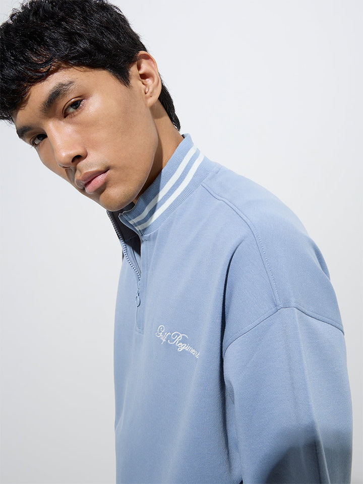 Studiofit Dusty Blue Quarter Zip Cotton-Blend Sweatshirt