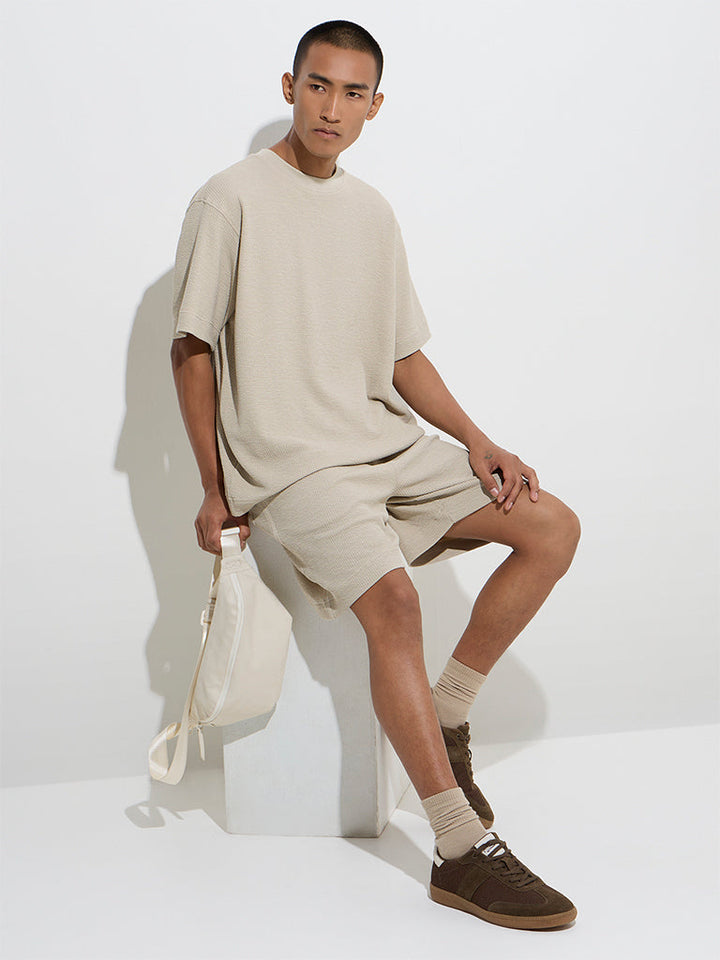 Studiofit Beige Relaxed-Fit Mid-Rise Cotton-Blend Shorts