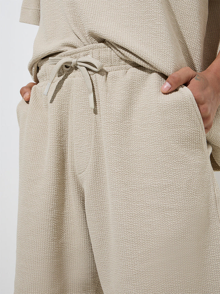 Studiofit Beige Relaxed-Fit Mid-Rise Cotton-Blend Shorts