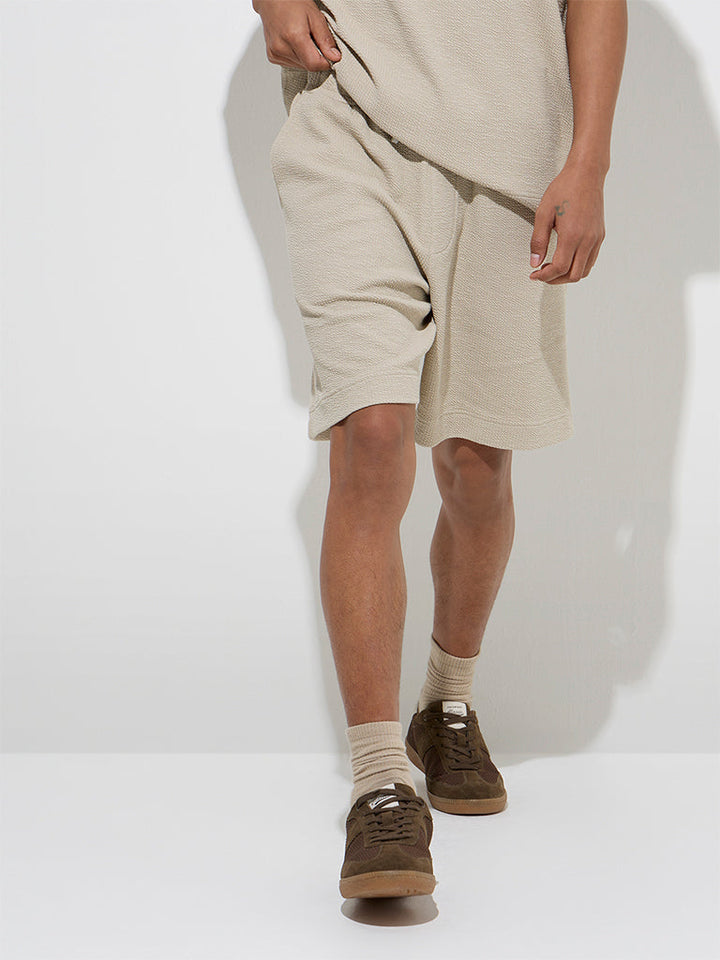 Studiofit Beige Relaxed-Fit Mid-Rise Cotton-Blend Shorts