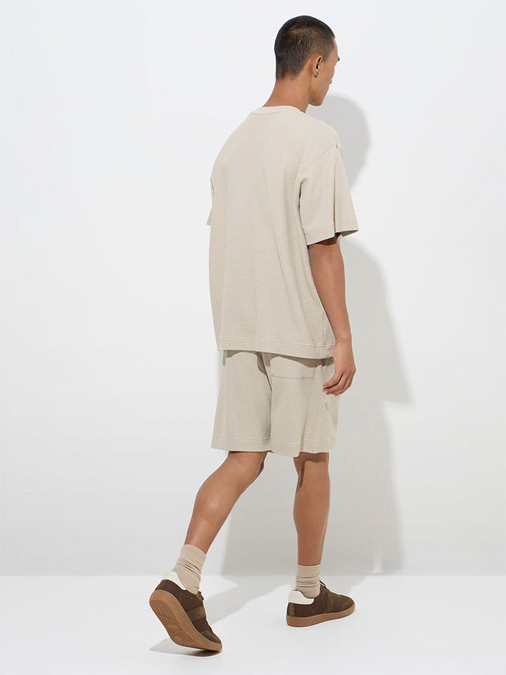 Studiofit Beige Relaxed-Fit Mid-Rise Cotton-Blend Shorts