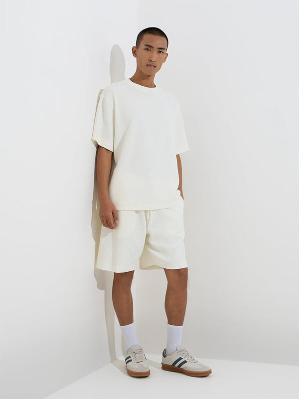 Studiofit White Textured Relaxed-Fit Cotton-Blend Shorts