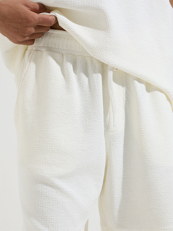 Studiofit White Textured Relaxed-Fit Cotton-Blend Shorts