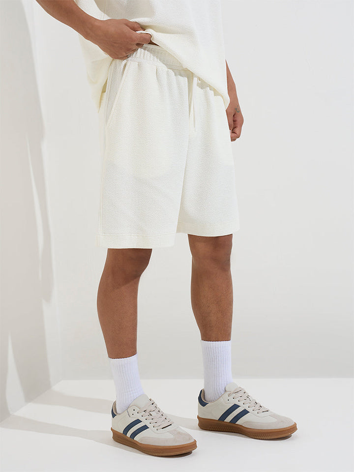 Studiofit White Textured Relaxed-Fit Cotton-Blend Shorts