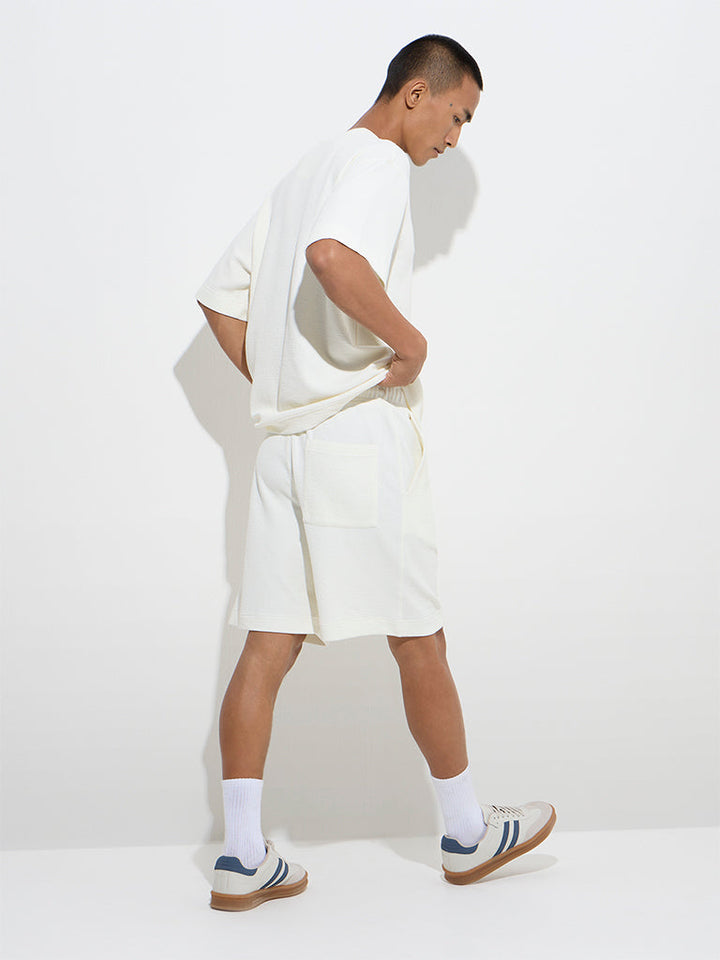 Studiofit White Textured Relaxed-Fit Cotton-Blend Shorts