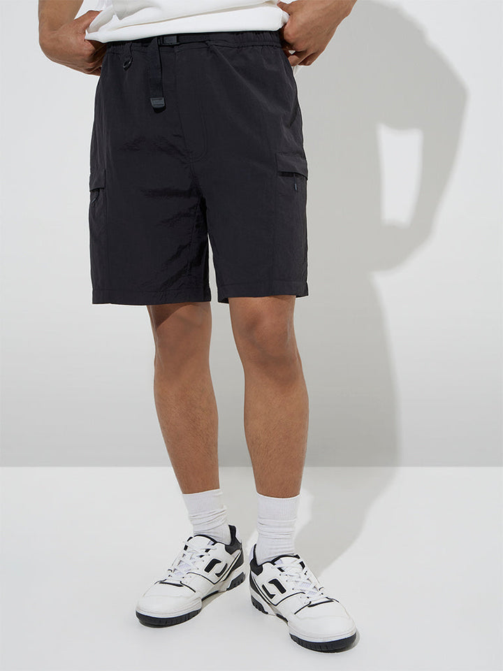 Studiofit Black Solid Relaxed-Fit Mid-Rise Shorts