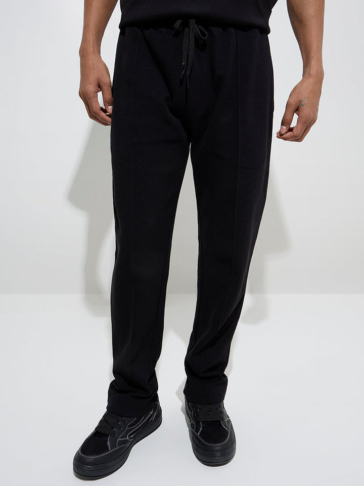 Studiofit Black Relaxed-Fit Mid-Rise Cotton-Blend Track Pants
