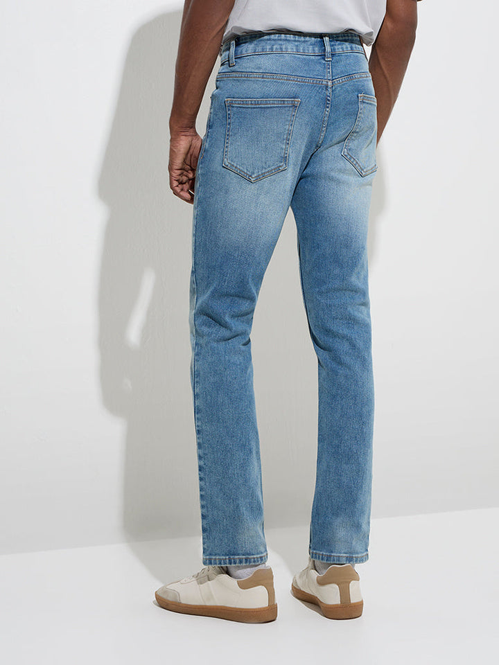 WES Casuals Blue Washed Slim-Fit Mid-Rise Jeans
