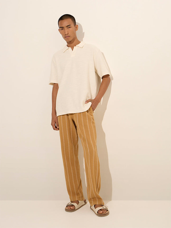 ETA Mustard Striped Relaxed-Fit Mid-Rise Cotton Chinos