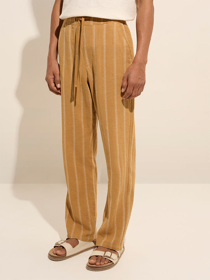 ETA Mustard Striped Relaxed-Fit Mid-Rise Cotton Chinos