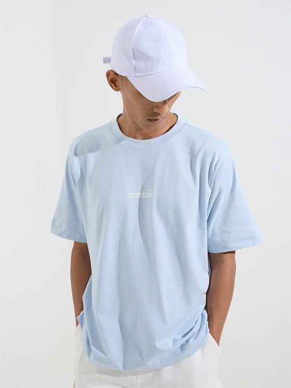 Studiofit Light Blue Text Design Relaxed-Fit Cotton T-Shirt