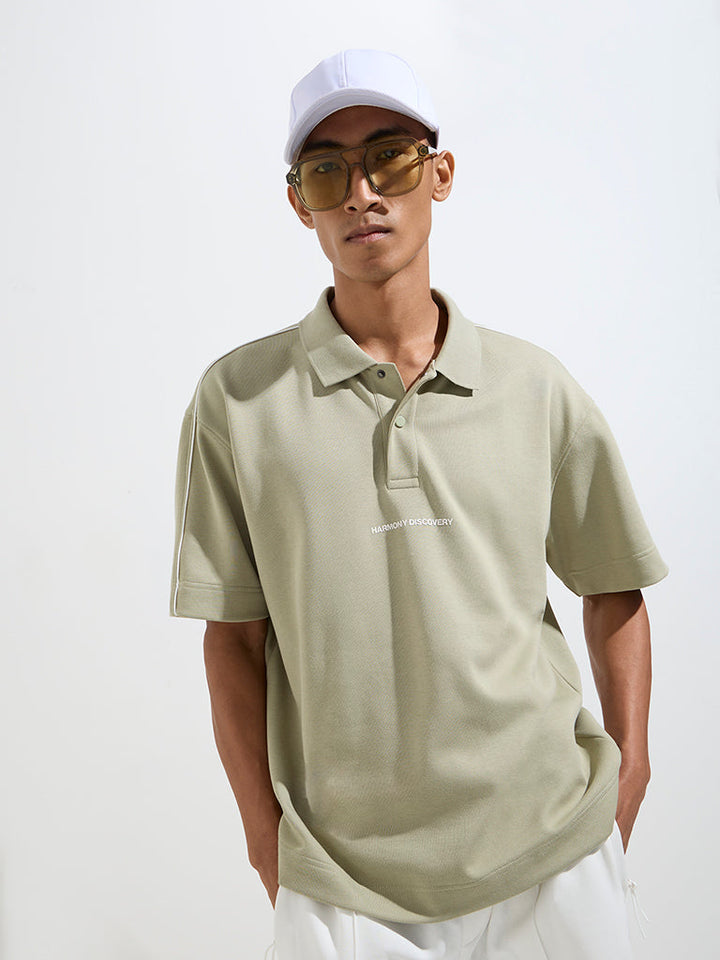 Studiofit Sage Text Design Relaxed-Fit Cotton-Blend Polo T-Shirt