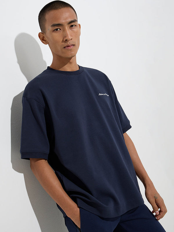 Studiofit Navy Text Printed Relaxed-Fit Cotton-Blend T-Shirt