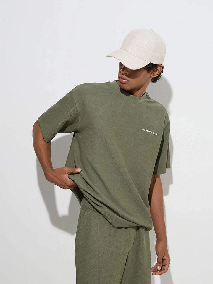 Studiofit Olive Text Design Relaxed-Fit T-Shirt