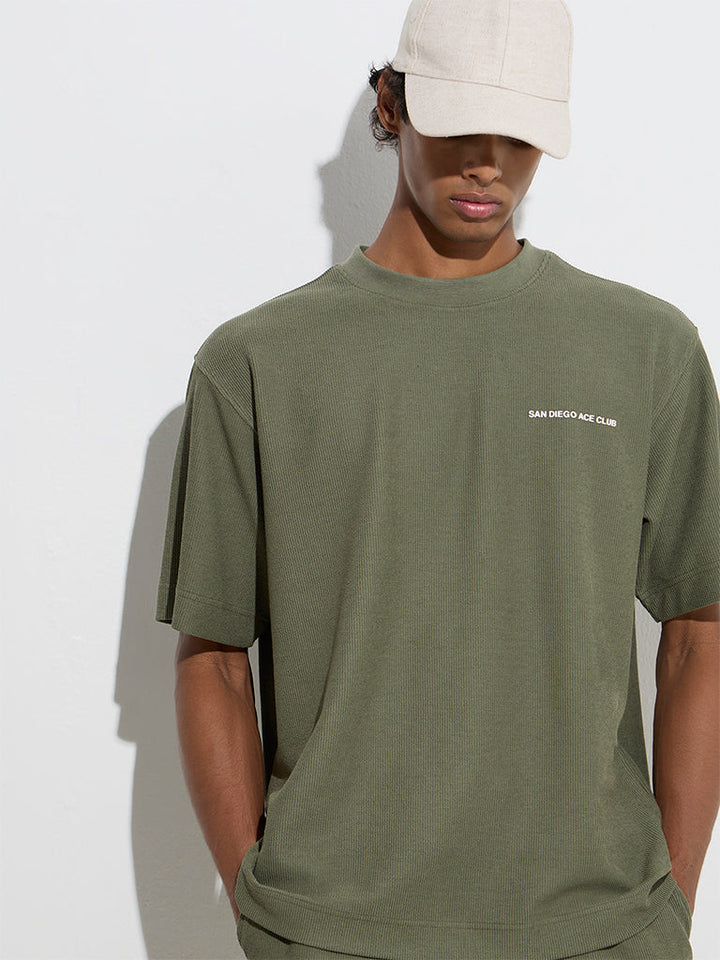 Studiofit Olive Text Design Relaxed-Fit T-Shirt