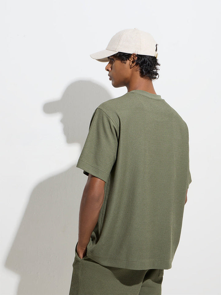 Studiofit Olive Text Design Relaxed-Fit T-Shirt