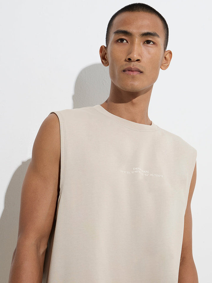 Studiofit Beige Text Print Relaxed-Fit Cotton-Blend T-Shirt