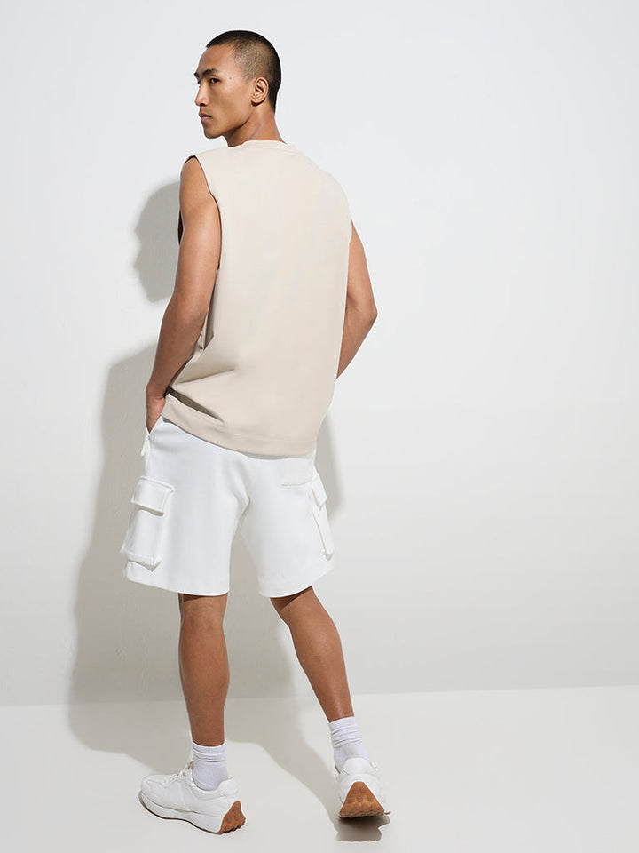 Studiofit Beige Text Print Relaxed-Fit Cotton-Blend T-Shirt