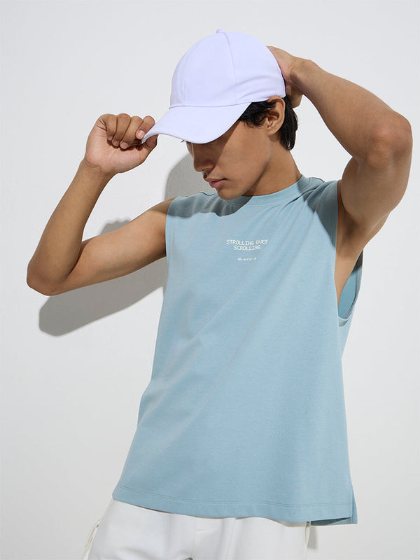 Studiofit Blue Text-Print Relaxed-Fit Cotton-Blend T-Shirt