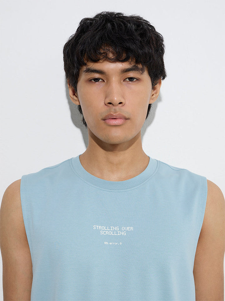 Studiofit Blue Text-Print Relaxed-Fit Cotton-Blend T-Shirt