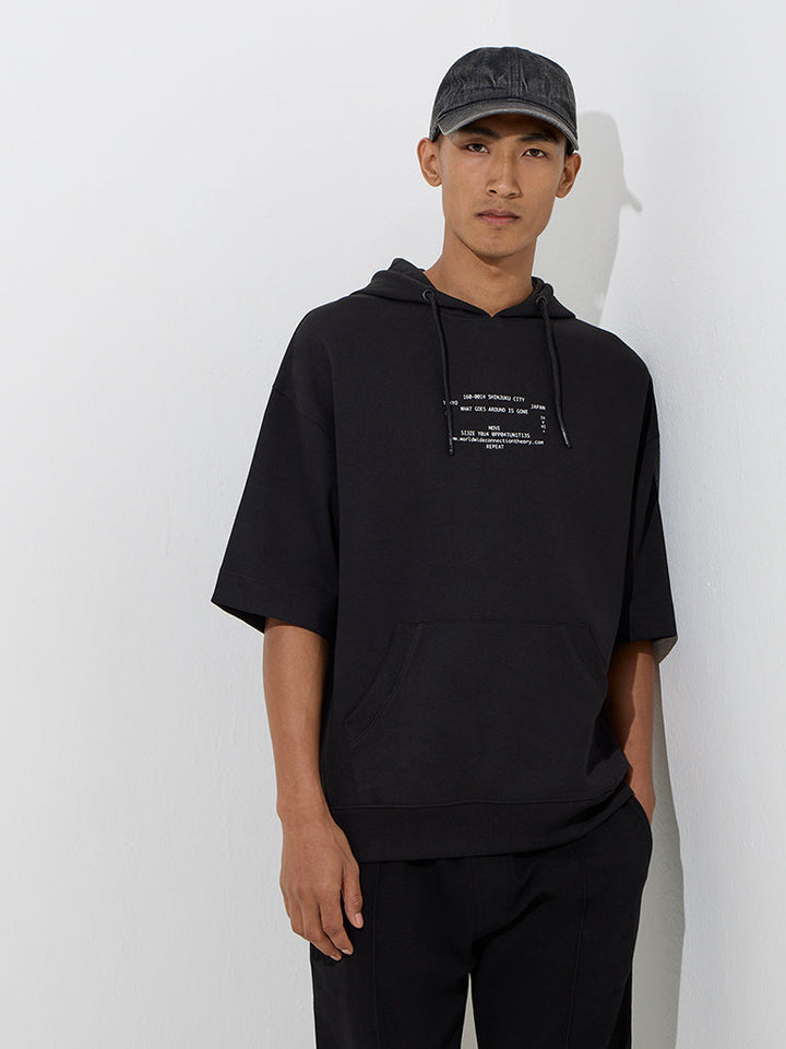 Studiofit Black Text Print Relaxed-Fit Cotton-Blend Hoodie
