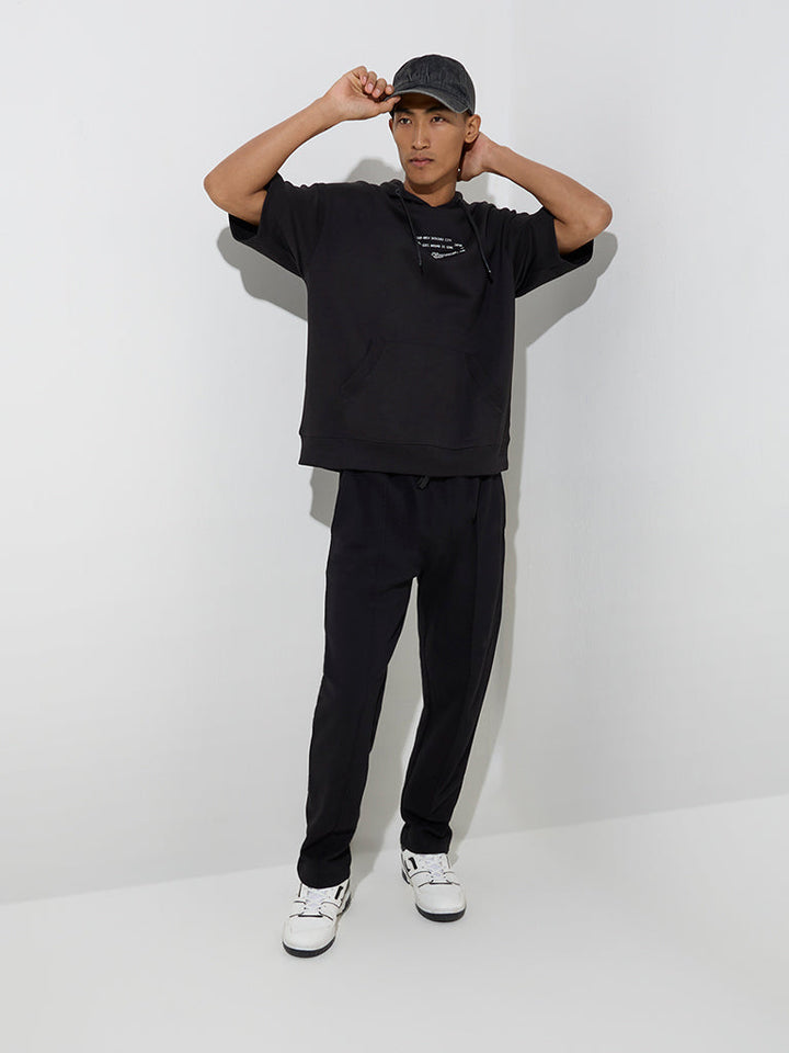 Studiofit Black Text Print Relaxed-Fit Cotton-Blend Hoodie