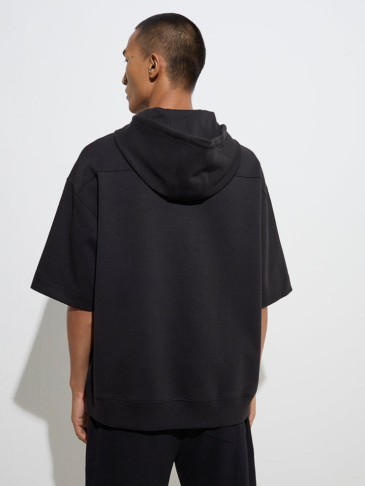 Studiofit Black Text Print Relaxed-Fit Cotton-Blend Hoodie