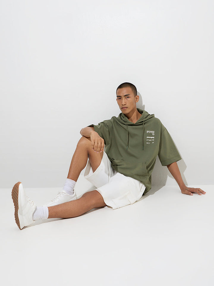 Studiofit Olive Text Design Relaxed-Fit Cotton-Blend Hoodie