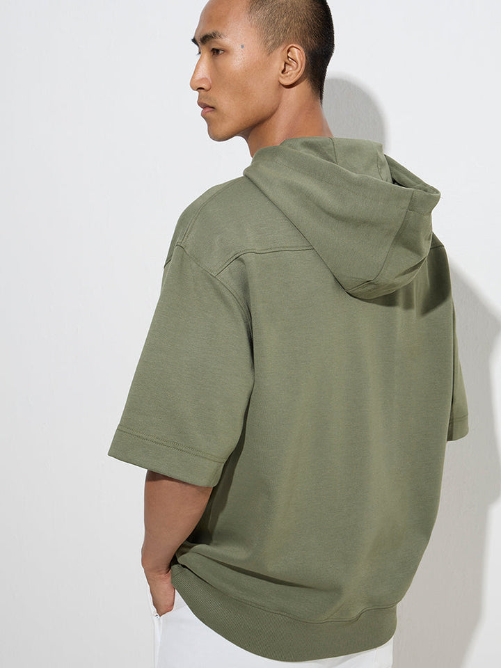 Studiofit Olive Text Design Relaxed-Fit Cotton-Blend Hoodie