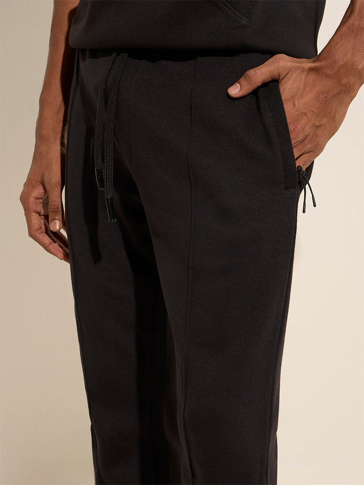 Studiofit Black Relaxed-Fit Mid-Rise Cotton Track Pants