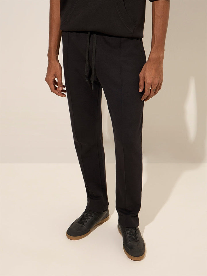Studiofit Black Relaxed-Fit Mid-Rise Cotton Track Pants