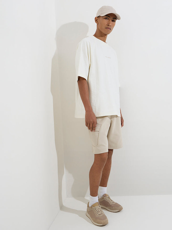 Studiofit Beige Relaxed-Fit Mid-Rise Cotton-Blend Shorts