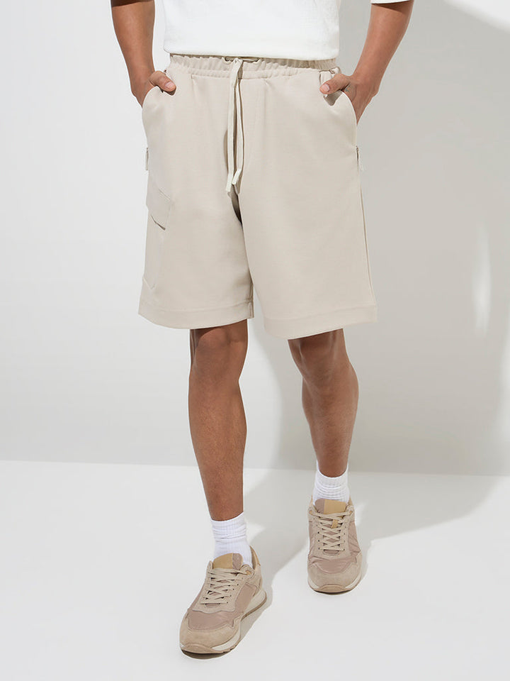 Studiofit Beige Relaxed-Fit Mid-Rise Cotton-Blend Shorts