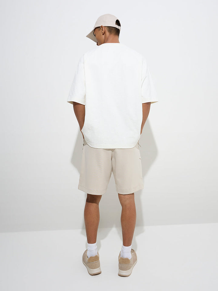 Studiofit Beige Relaxed-Fit Mid-Rise Cotton-Blend Shorts