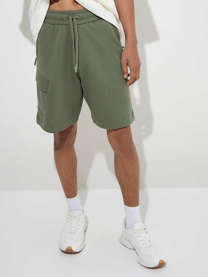 Studiofit Olive Relaxed-Fit Mid-Rise Cotton-Blend Shorts