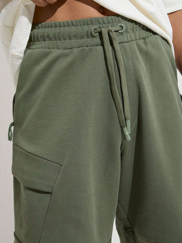 Studiofit Olive Relaxed-Fit Mid-Rise Cotton-Blend Shorts