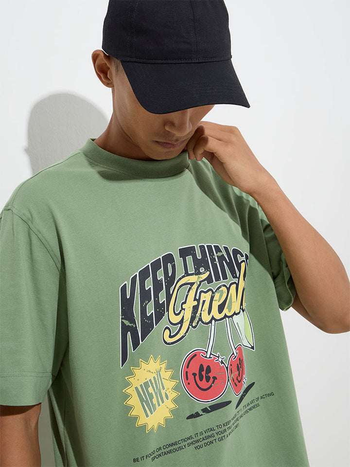 Nuon Sage Text Design Relaxed-Fit Cotton T-Shirt