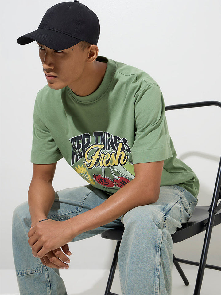 Nuon Sage Text Design Relaxed-Fit Cotton T-Shirt