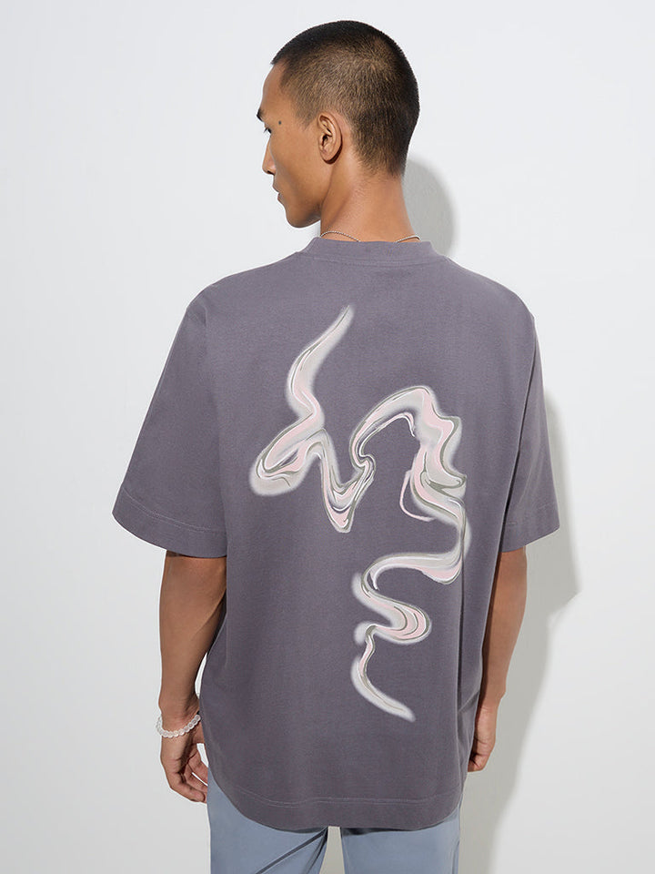 Nuon Grey Text Printed Relaxed fit Cotton T-Shirt
