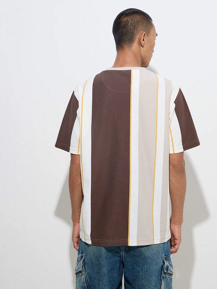 Nuon Brown Colour-Blocked Relaxed-Fit Cotton-Blend T-Shirt